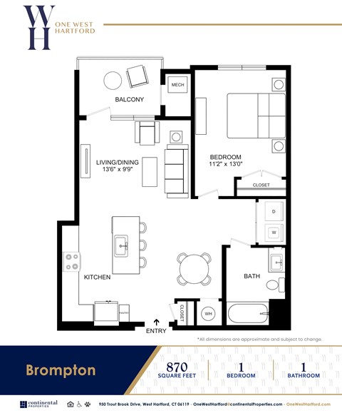 Floor plan for 1 bed, 1 bath, 870 sqft